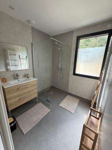 une salle de bain avec douche et lavabo dans l'établissement Maison agréable proche moulins, à Bressolles