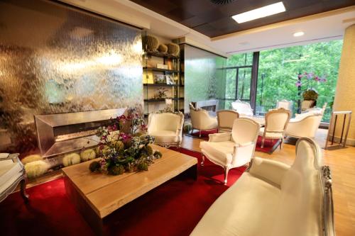 a waiting room with chairs and a fireplace at Euroterme in Bagno di Romagna