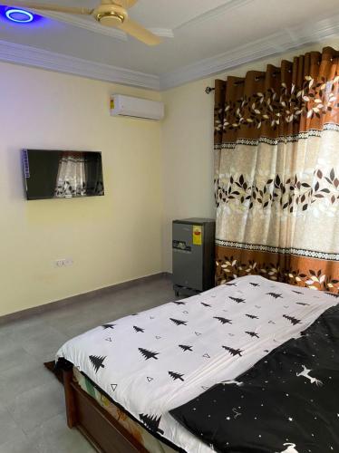 a bedroom with a large bed with a curtain at Ekoara Apartment A2 1bed 1wash in Apowa