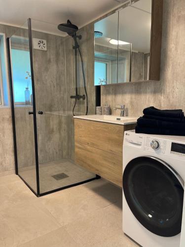 a bathroom with a shower and a washing machine at Charming Modern Apartment Close to Moa & Ålesund in Ålesund