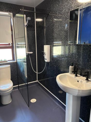 ein Badezimmer mit Dusche, Toilette und Waschbecken in der Unterkunft Forbela House in Fort William