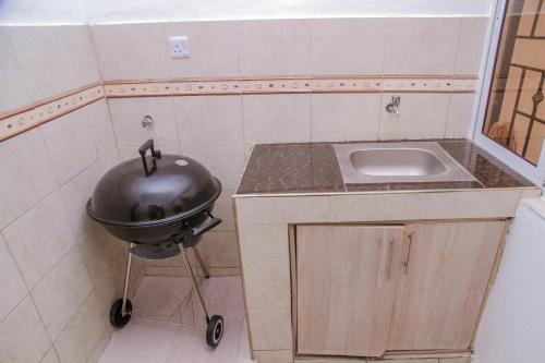a small kitchen with a sink and a grill at Hidden Jewel by the Creek in Kilifi