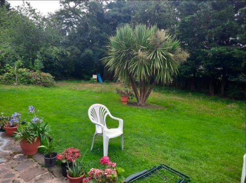 a white chair sitting in a yard with plants at Ibrahim's House in Chigwell