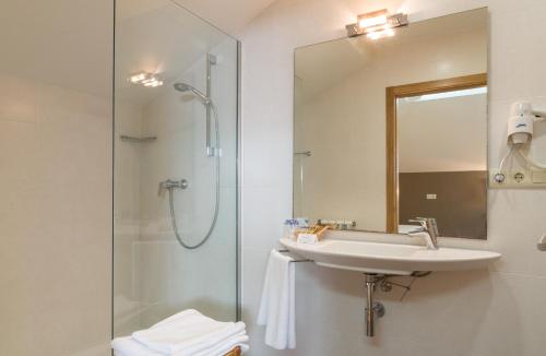 een badkamer met een wastafel en een douche met een spiegel bij Pazo de Sedor in Arzúa