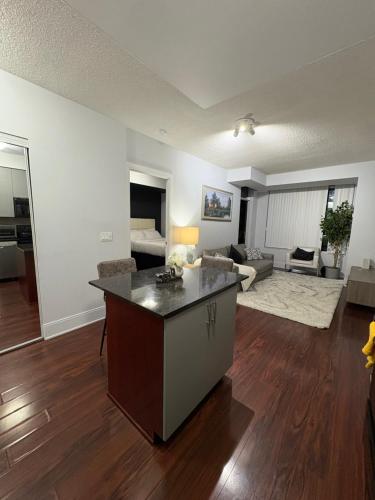 an empty living room with a kitchen and a living room at Cozy Ensuite private room homestay in Mississauga