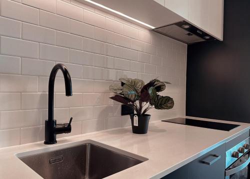a kitchen sink with a faucet and a potted plant at Elegant City Center Stay, Stylish Living in Auckland