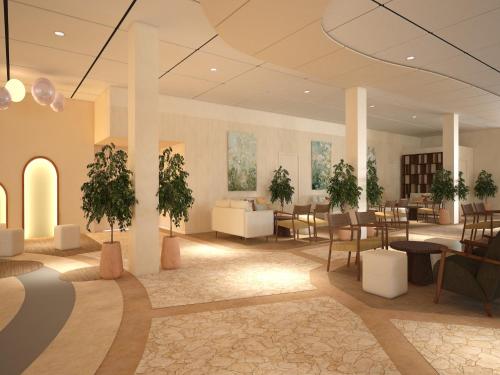a rendering of a lobby with tables and potted plants at Apartment mit Balkon im Ferienpark in Schöneck in Schöneck