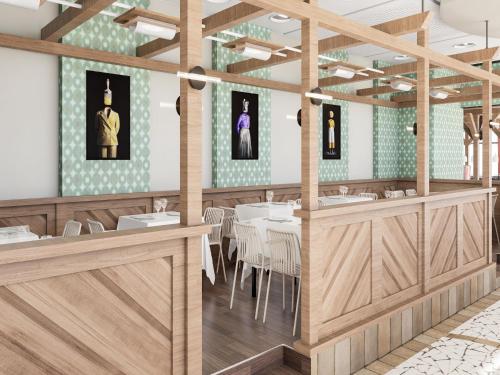 a rendering of a restaurant with tables and chairs at Apartment mit Balkon im Ferienpark in Schöneck in Schöneck