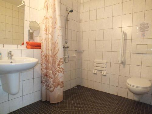 a bathroom with a sink and a shower with a toilet at Ferienobjekt beim Steinmetzen in Radebeul