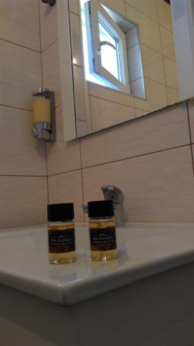 a bathroom sink with two bottles of soap on it at Vila Stefani in Star Dojran