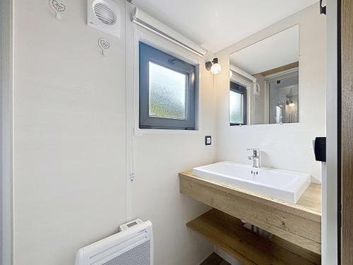 une salle de bain avec un lavabo et un miroir dans l'établissement Séjour en Tiny House à Jullouville, piscine et parking inclus - FR-1-361A-95, à Jullouville