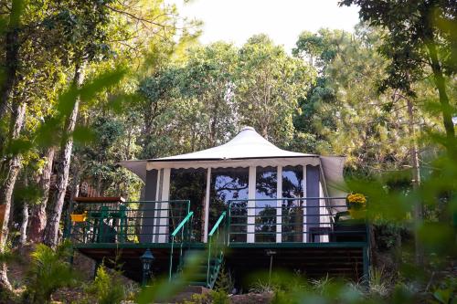 a gazebo in the middle of a forest at Four Luxury Tents in Majkhali in Chaubattia