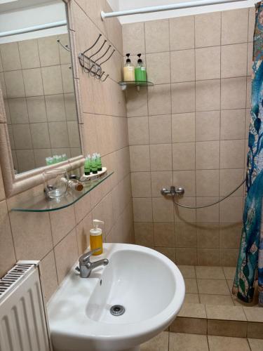 a bathroom with a sink and a mirror and a shower at Gerapetros 82 in Ierapetra