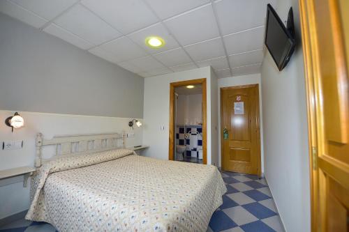 a bedroom with a bed and a tv on a wall at Hostal Linares in Ribadeo
