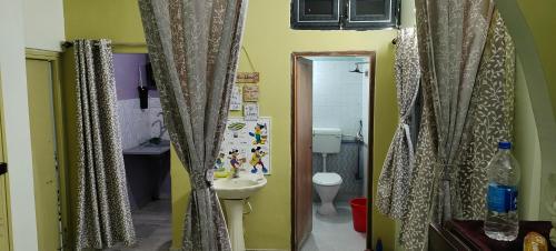 a bathroom with a sink and a toilet and a mirror at The Grasshopper's nest in kolkata