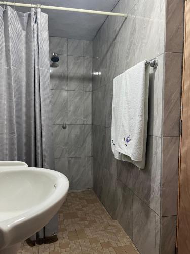 a bathroom with a white sink and a shower at Hospedaje Alex in Real de Catorce