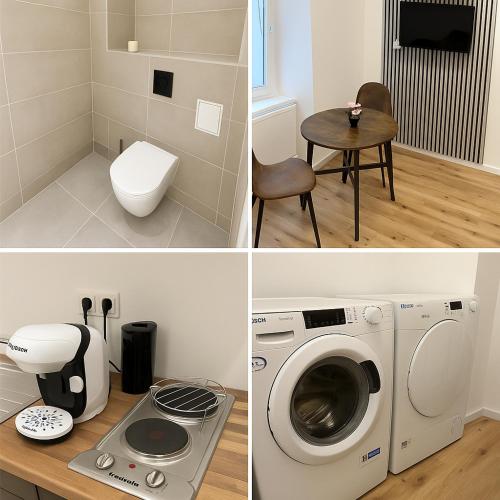 three pictures of a bathroom with a washing machine at City Flat D in Vienna