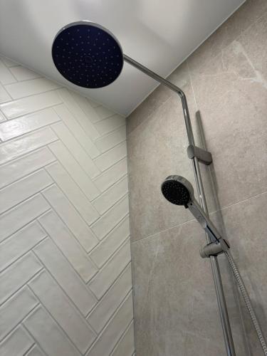 a shower with a shower head in a bathroom at The Stylish Gem of Den Haag Aprt R1 in The Hague