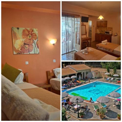 a collage of three pictures of a hotel room with a pool at Elli Marina Studios & Apts Benitses Mare in Benitses