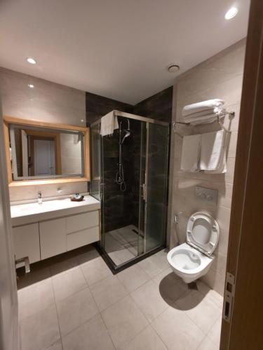 Un baño con ducha, inodoro y lavabo. en Regal Hotel Baku, en Baku