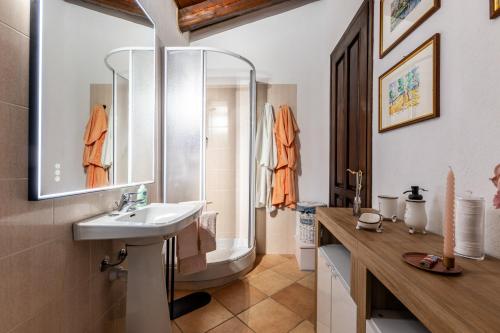a bathroom with a sink and a shower and a mirror at La Meira di Lucia B&B in Rossana
