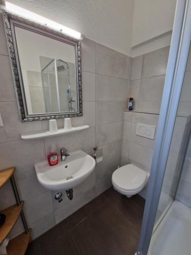 a bathroom with a sink and a toilet and a mirror at Pension Antalya in Friedrichshafen