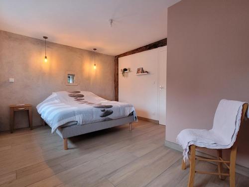 une chambre avec un lit et une chaise dedans dans l'établissement Maison de 2 gites privatifs et communicants 14 places, à Pouilly-les-Feurs