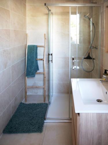 une salle de bain avec douche et lavabo dans l'établissement New Studio 30m2 near beach with garden and terrace, à Seignosse