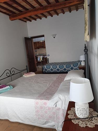 a bedroom with a bed with a lamp on a table at Valle del Tione in Canonica