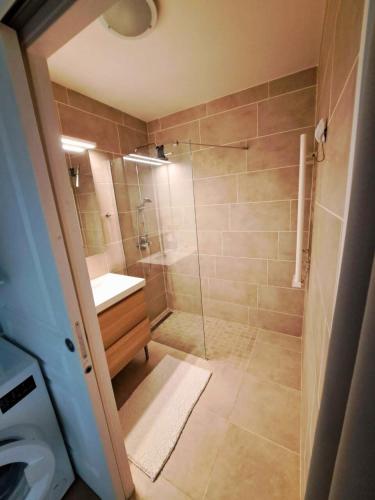 une salle de bain avec douche et lavabo dans l'établissement Villa Haut de Gamme Golf de Pont Royal 6 Personnes, Climatisé, Piscine, à Mallemort