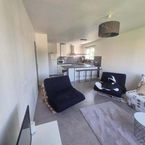 un salon avec un canapé et une cuisine dans l'établissement Le Cardinal, à Pessac