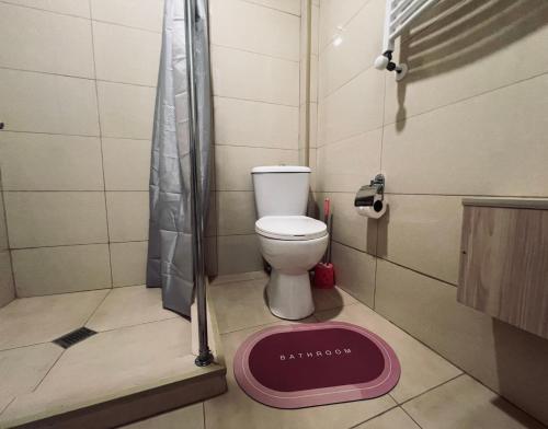 a bathroom with a toilet and a pink mat on the floor at Eniseli in Chakvi
