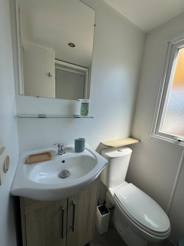 a bathroom with a sink and a toilet at Bungalow 341 pour 6 à 8 pers Camping Siblu 4 étoiles le Lac des Rêves in Lattes