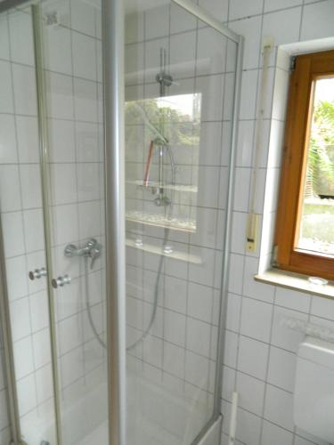 ホルツガーリンゲンにあるHelle 45 qm Einliegerwohnungの浴室のガラス扉付きシャワー
