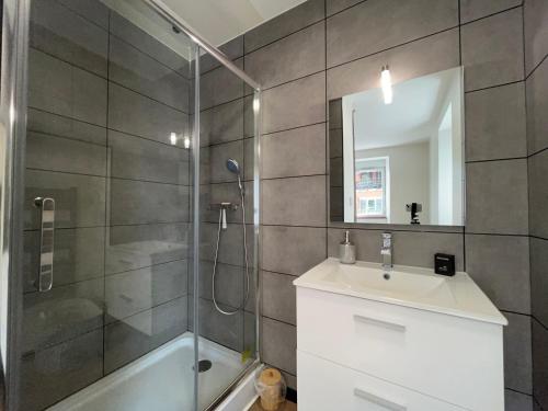 une salle de bain avec une douche, un lavabo et une baignoire dans l'établissement Jaurès 1 - avec terrasse, proche gare, à La Roche-sur-Foron