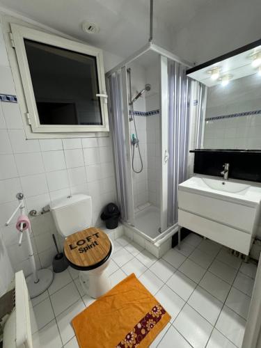 a bathroom with a shower and a toilet and a sink at Small studio just few steps to Monaco in Beausoleil