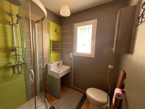 une salle de bain avec toilettes, lavabo et douche dans l'établissement Villa Argelia - Piscine - 10 couchages, à Lapalme