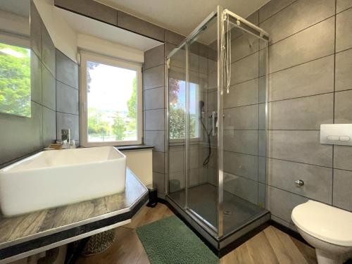 une salle de bain avec un lavabo, une douche et des toilettes dans l'établissement Le Jaurès 2 - proche gare, à La Roche-sur-Foron