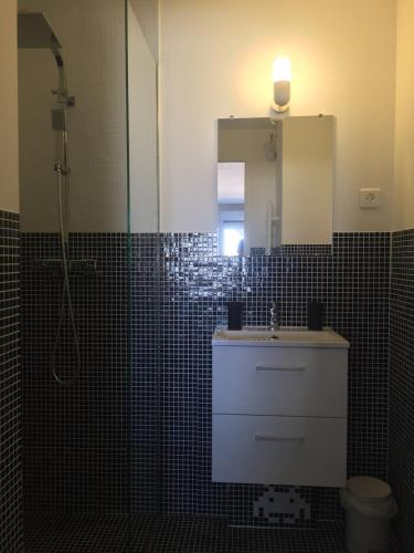 une salle de bain avec un lavabo, une douche et un miroir dans l'établissement Studio lumineux avec terrasse à Carnon-Plage, à Mauguio