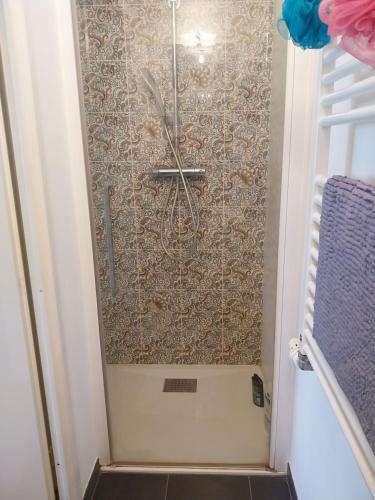 une petite salle de bain avec une douche avec un mur dans l'établissement Beau T4 de 95 m2 avec terrasse sur Anglet, à Anglet