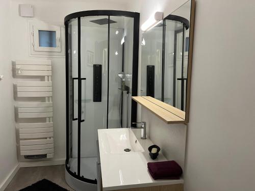 La salle de bains est pourvue d'une douche et d'un lavabo blanc. dans l'établissement Villa dans la forêt provençale, à Jouques