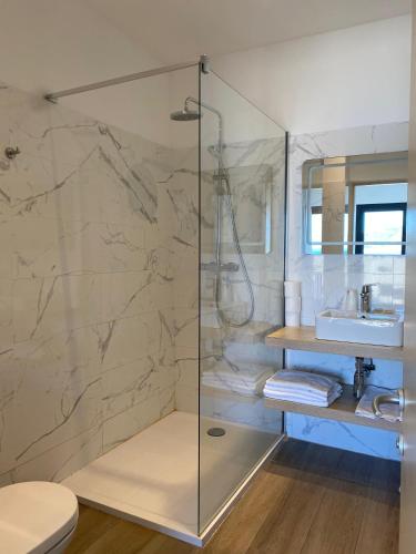 une salle de bain avec une douche en verre avec un lavabo dans l'établissement Hotel Restaurant Le Filosorma, à Galéria