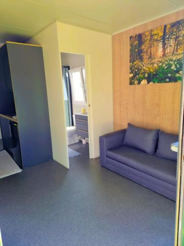 a living room with a purple couch and a painting at Glamping Rajska vas in Šentjur