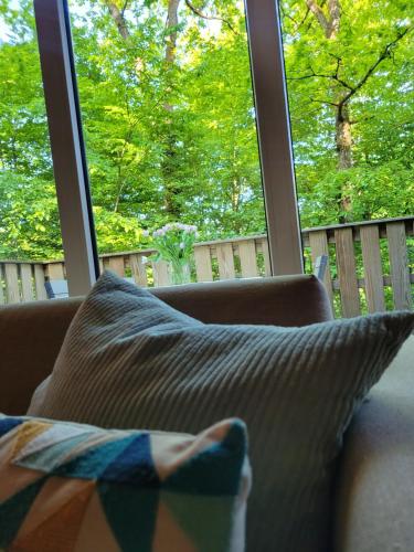 a person sitting on a couch in front of a window at A Wood Lodge - zwembad - relax - natuur in Durbuy