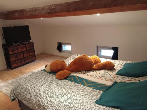 deux animaux farcis se posant sur un lit dans l'établissement La Céliane- climatisé avec patio classé 3 étoiles, à Castelnaudary