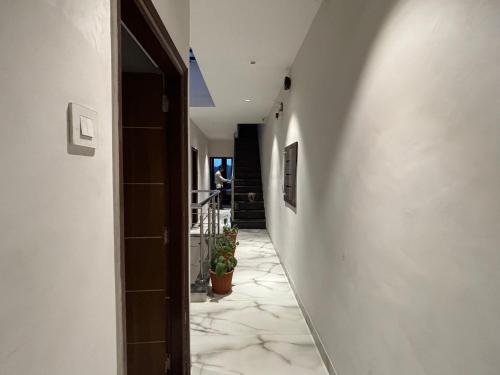 a hallway with white walls and a hallway with a plant at Hotel Casa in Chandīgarh