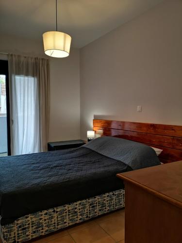 a bedroom with a large bed with a wooden headboard at Schinias Hill Mike's Appartments in Panayía Mesosporítissa