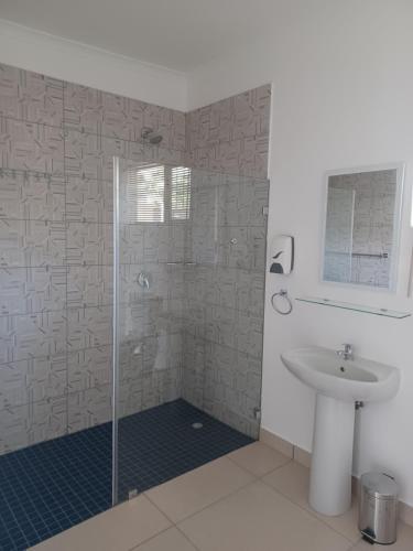 a bathroom with a shower and a sink at Wild Mountain Cottages in George