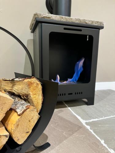 a television with a fire in the screen at Natures Loft in Darlington