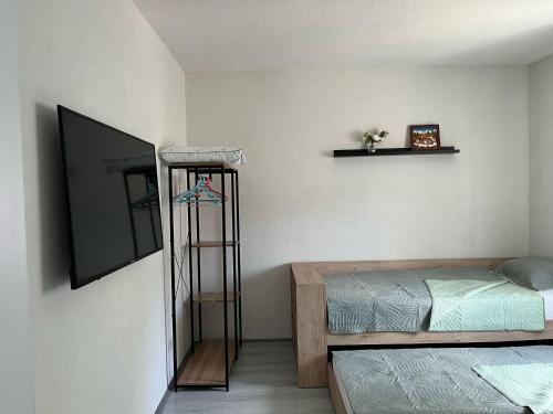 a room with two beds and a shelf with a mirror at Vila V & S in Star Dojran